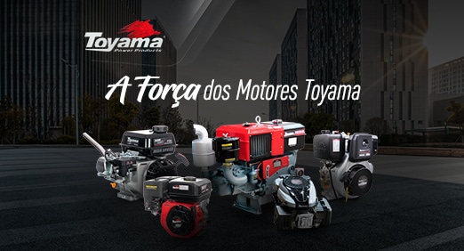 Vários motores Toyama com a frase "A força dos motores Toyama" acima deles.