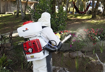 Homem usando um atomizador costal, pulverizador da Toyama, para combate à dengue.