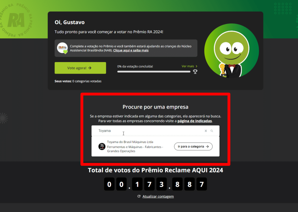 Como votar na Toyama para o Prêmio Reclame Aqui 2024 passo 3.